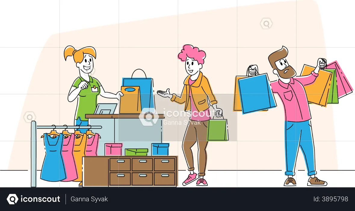 Disappointed customer holding shopping bags  Illustration