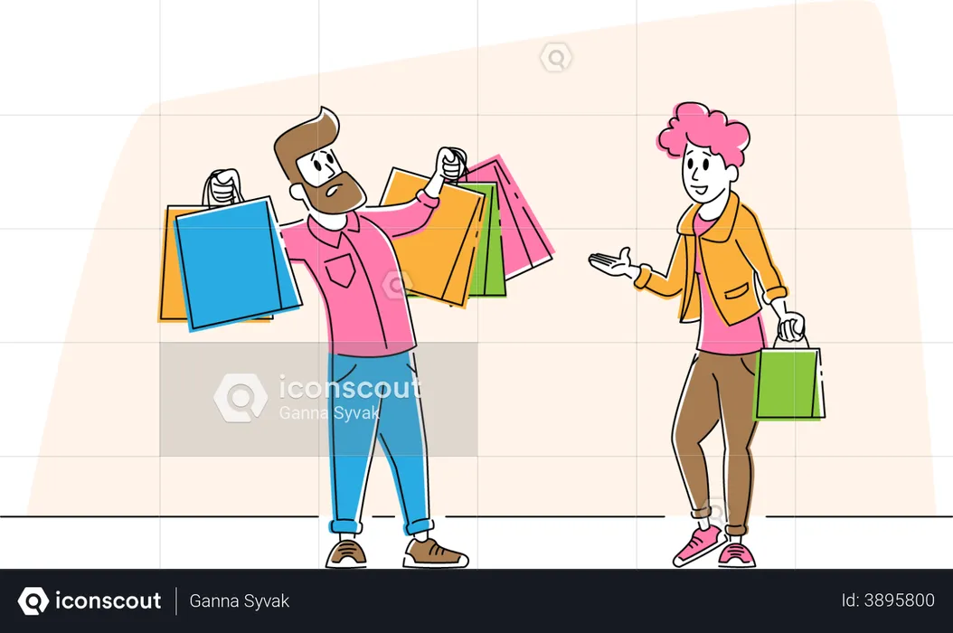 Disappointed husband after shopping with wife  Illustration