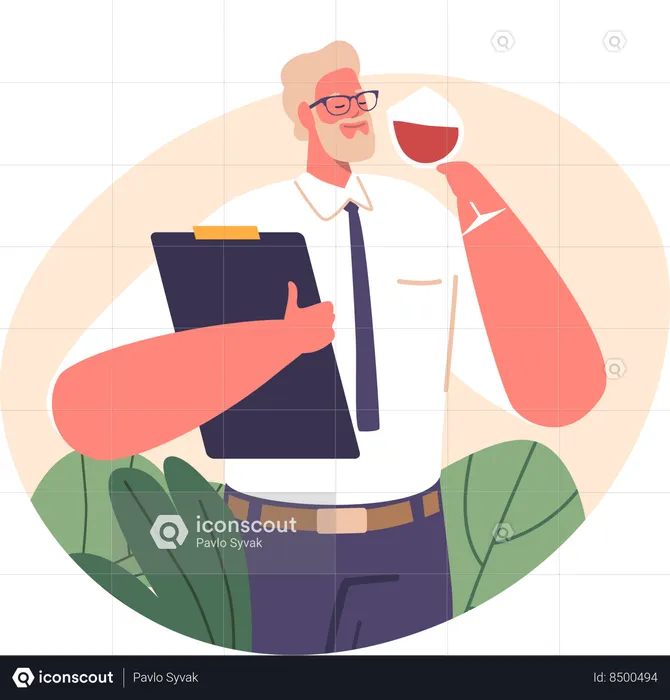 Discerning Sommelier Character Tasting a Rich Red Wine In A Lush Vineyard  Illustration