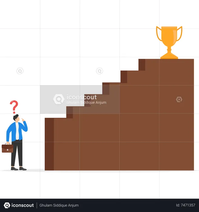 Discouraged businessman looking at high steep first step of success stairway  Illustration