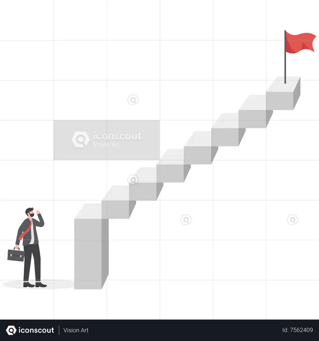 Discouraged businessman looking at high steep first step of success stairway  Illustration