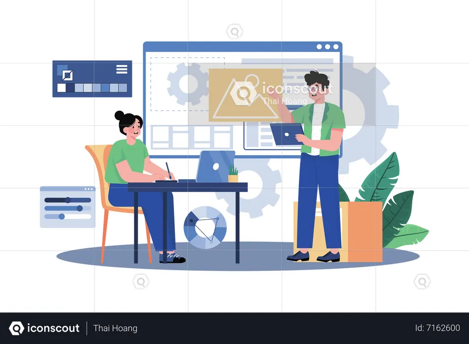 Diseñador colaborando con el equipo en el diseño de producto.  Ilustración