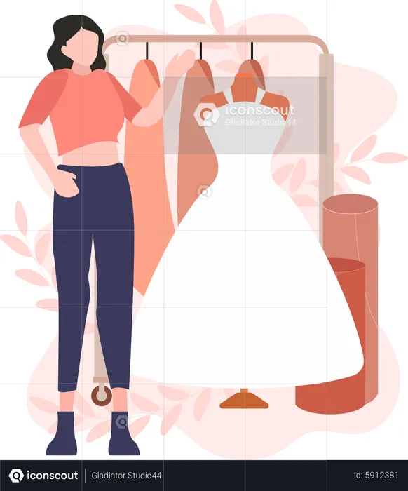 Diseñadora de moda femenina con vestido de novia  Ilustración