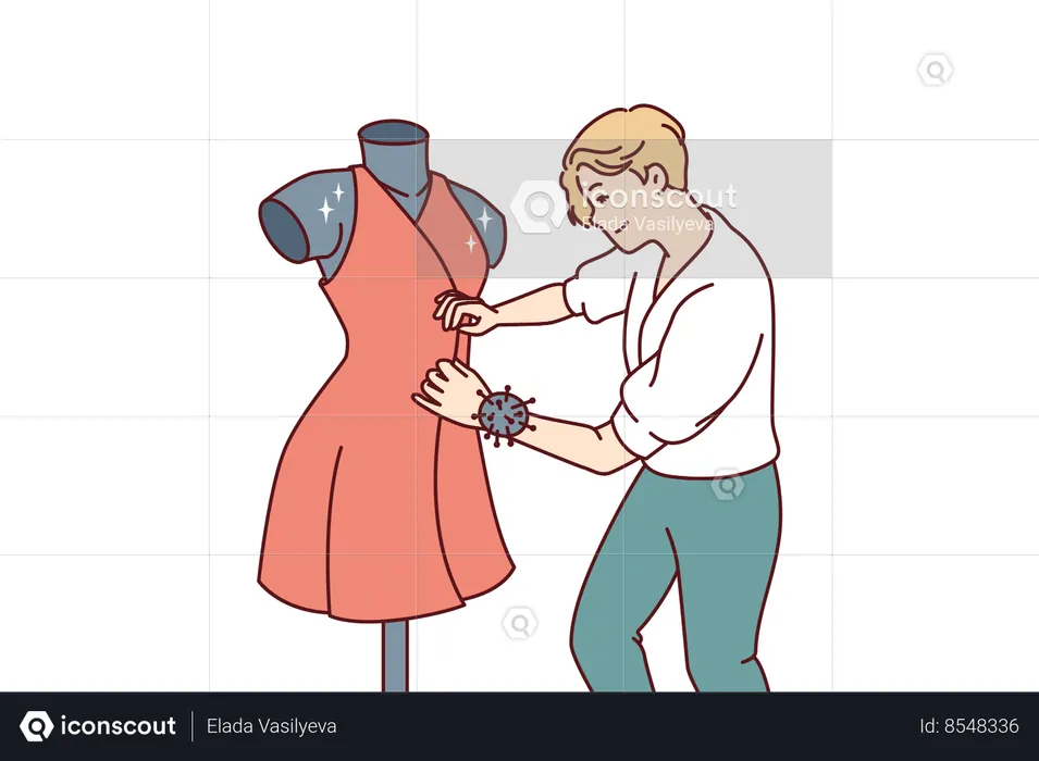 Hombre diseñador de moda cose vestido fijado en maniquí preparando traje de mujer para la semana de alta costura  Ilustración