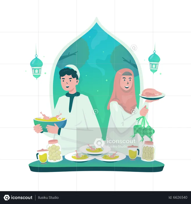 Disfrutando de la comida del Eid  Ilustración