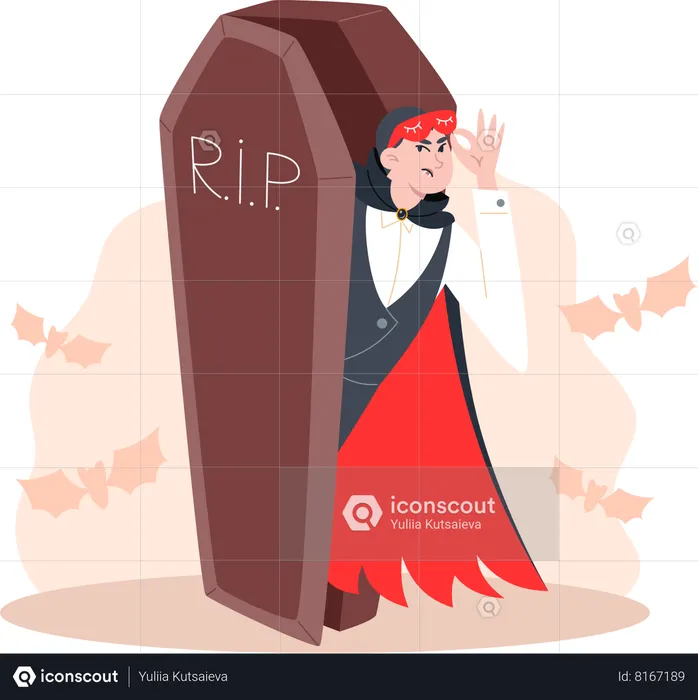 Disgruntled vampire woke up and looks out of coffin  Illustration