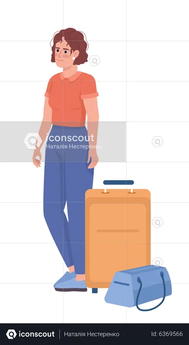 Disheveled female tourist with bag and baggage  Illustration