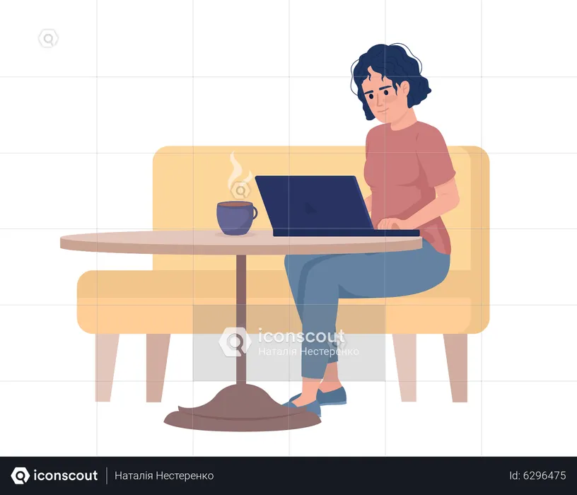Disheveled woman typing on laptop from cafe seating  Illustration