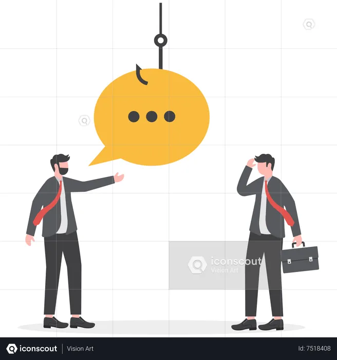 Dishonesty businessman lying to coworker with fishing bait on speech bubble  Illustration