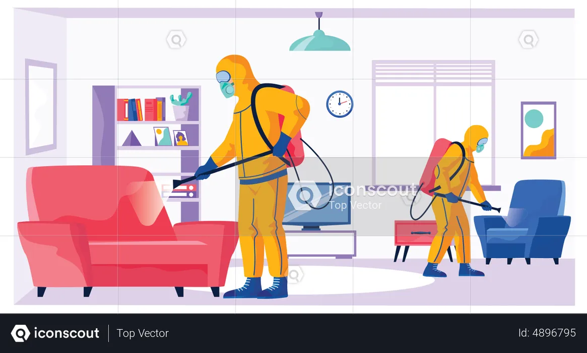 Disinfectant workers clean live room  Illustration