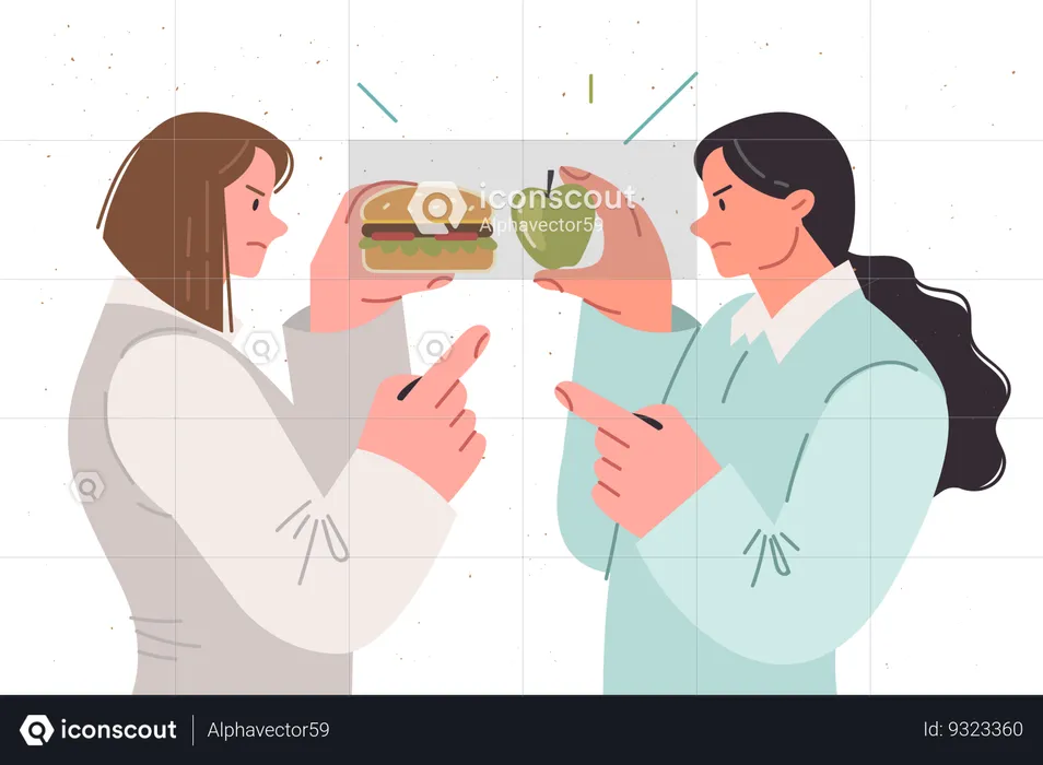 Dispute over choosing right diet between two women holding burger and apple to satisfy hunger  Illustration