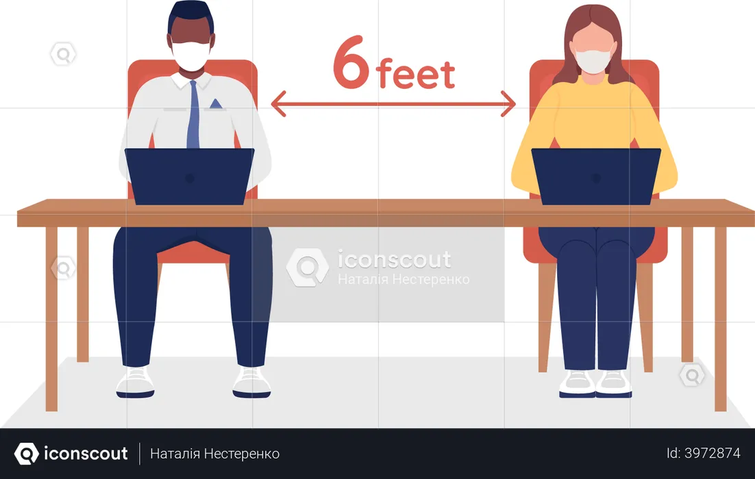 Distancia social sentado en la oficina  Ilustración