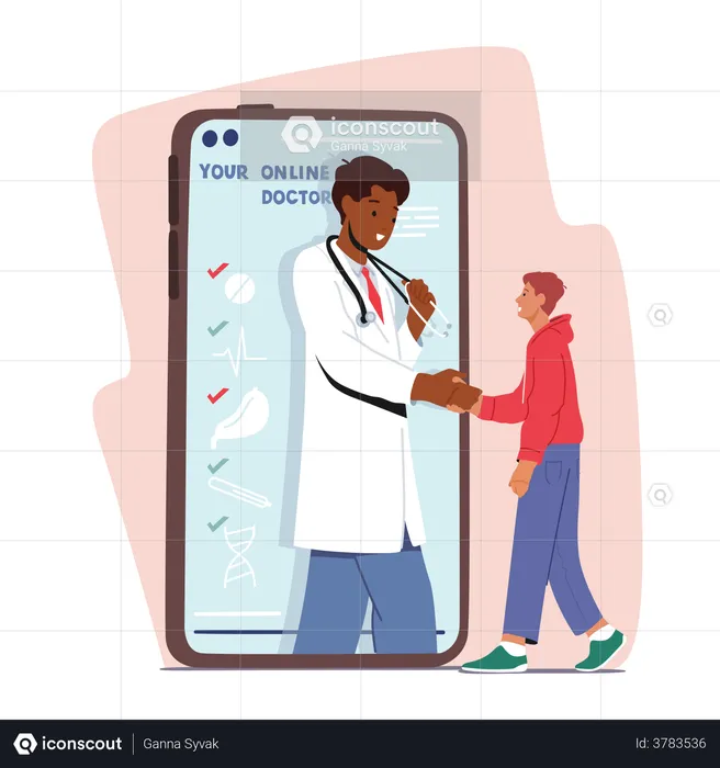 Distant Online Medicine Consultation, Smart Medical Technology. Doctor Shaking Hands With Patient At Huge Mobile Phone  Illustration