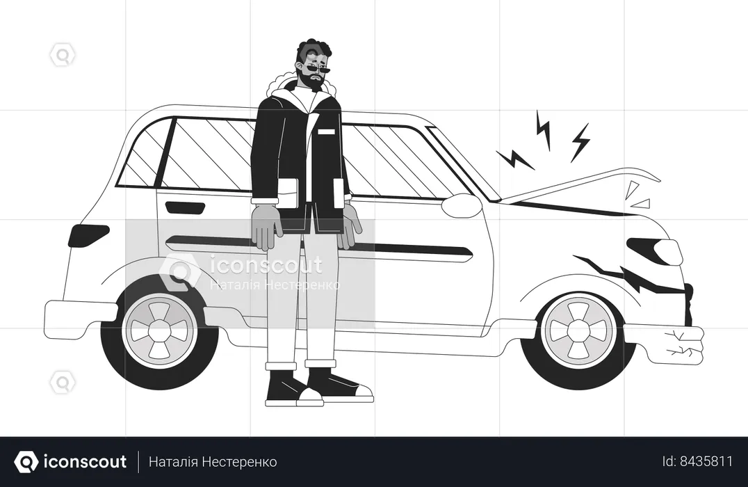 Distressed black man near damaged vehicle  Illustration