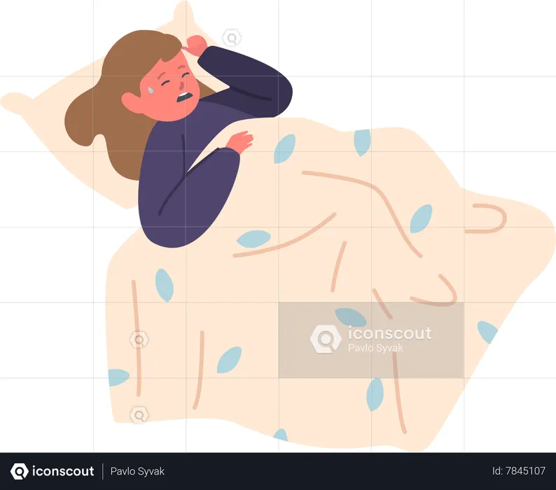 Distressed Child Lying In Bed  Illustration