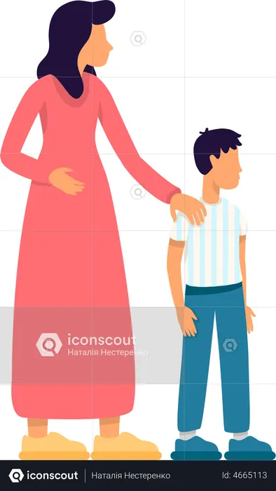 Disturbed woman holding son shoulder  Illustration