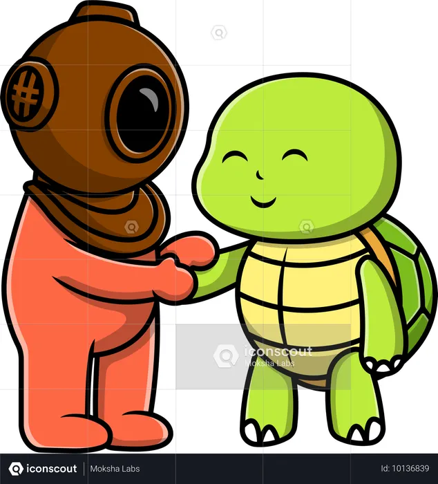 Diver Hand Shake With Turtle  Illustration