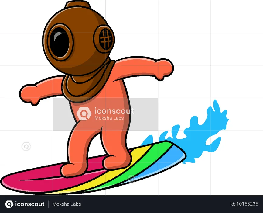 Diver Surfing On Ocean  Illustration