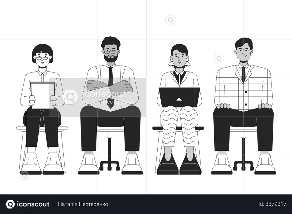 Diverse candidates job seeking black and white cartoon flat illustration  Illustration