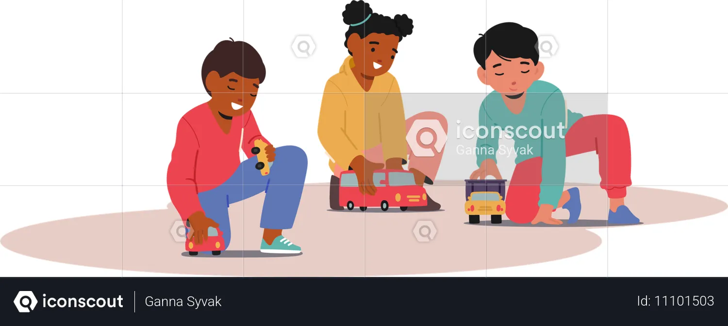 Diverse Children Playing With Toy Cars On Floor Mat In Kindergarten  Illustration