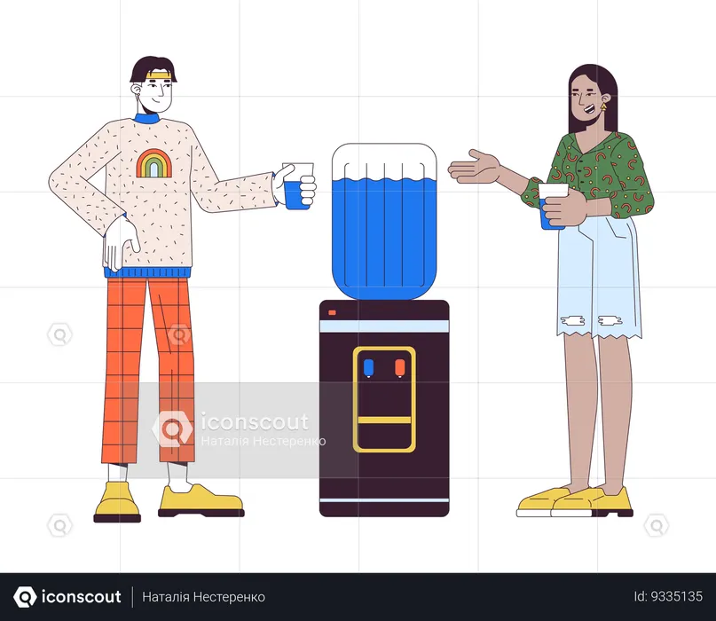 Diverse colleagues talking by water cooler s  Illustration