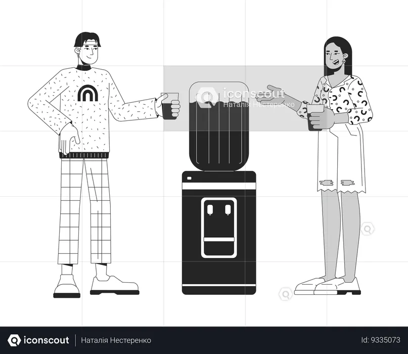 Diverse colleagues talking by water cooler s  Illustration