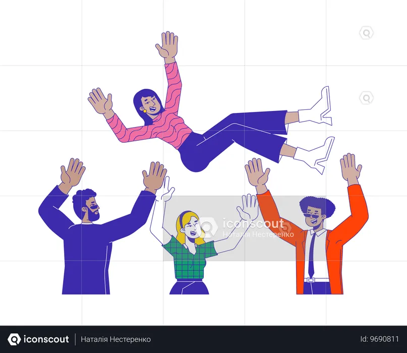 Diverse colleagues throwing indian woman in air  Illustration
