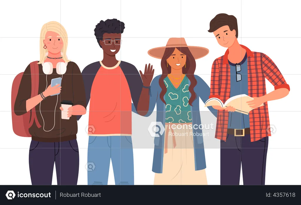 Diverse college students standing together  Illustration