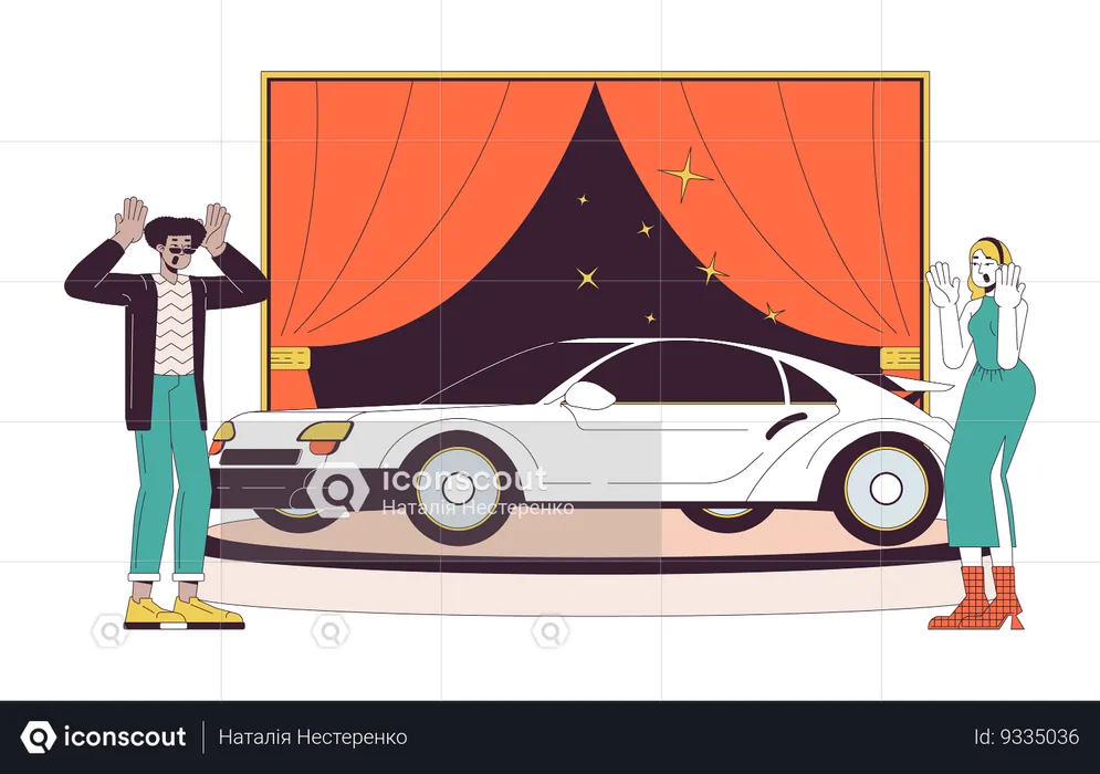 Diverse couple buying new car  Illustration