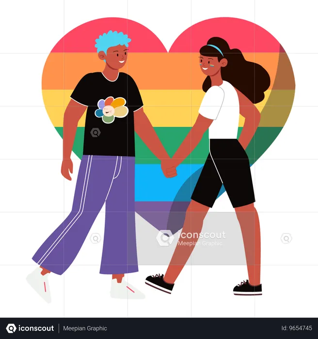 레인보우 하트 LGBT 프라이드 앞에서 손을 잡고 있는 다양한 커플  일러스트레이션