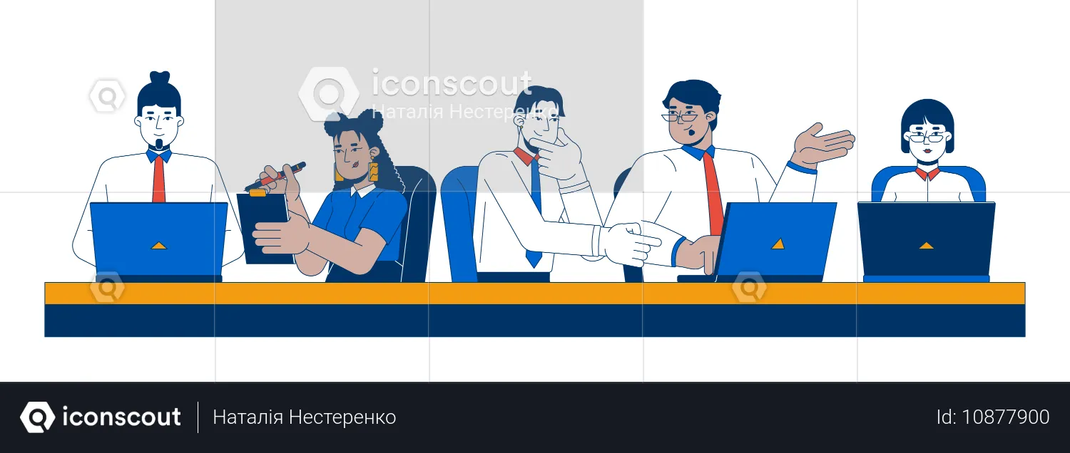 Diverse employees brainstorming together at desk  Illustration