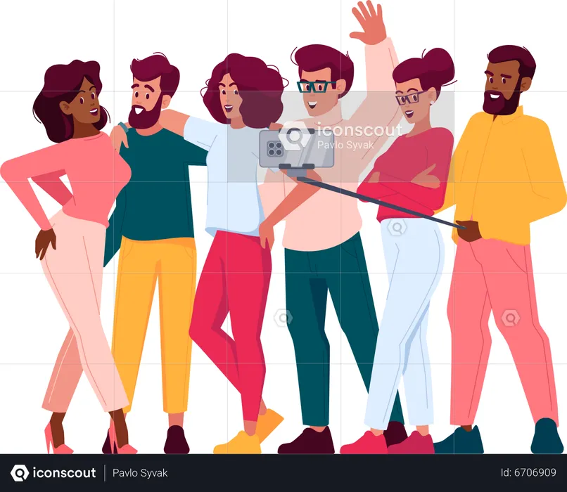 Diverse Ethnicity People With Happy Faces Stand Together Holding Camera  Illustration