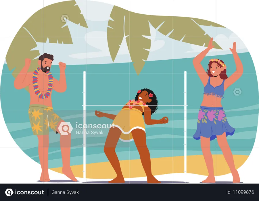 Diverse Friends Participating In Limbo Dance At Sunny Beach Party  Illustration