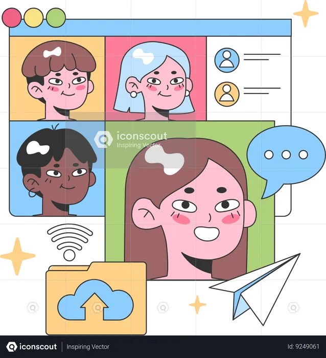Diverse group of friends engages in online chat platform  Illustration