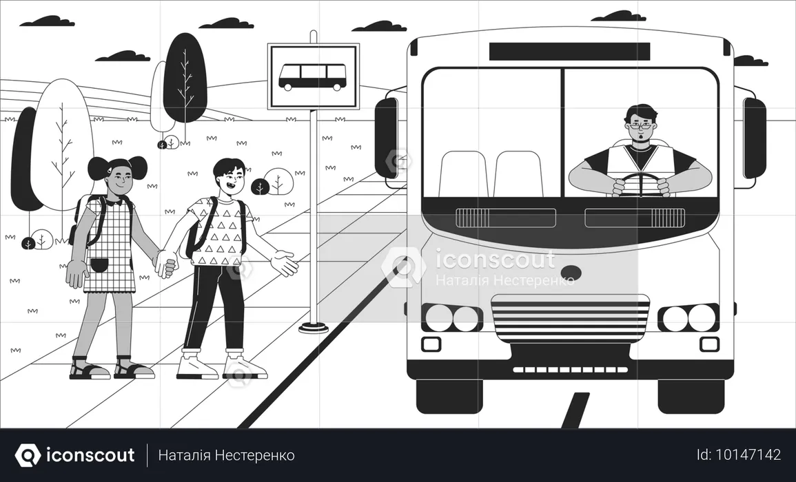 Diverse kids getting on school bus  Illustration