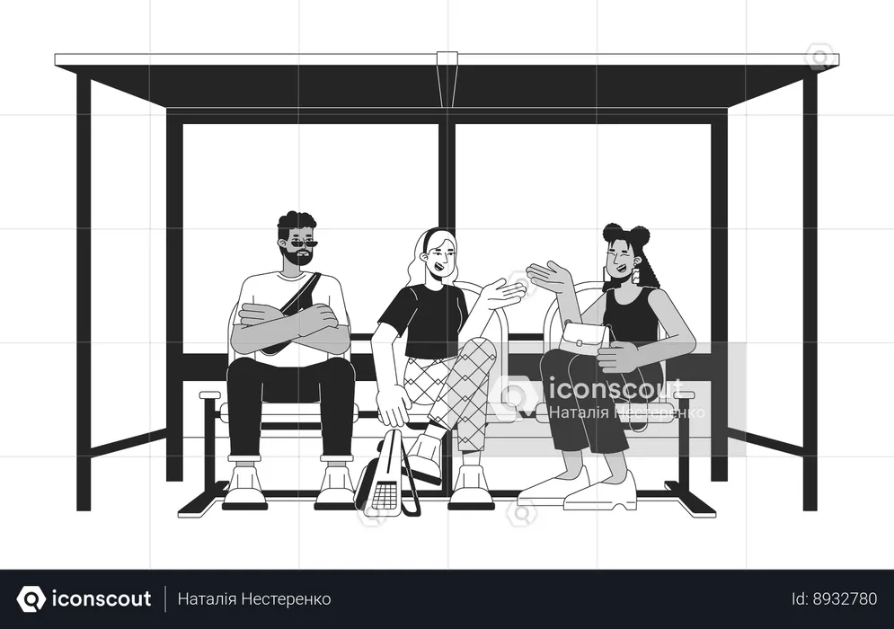Diverse passengers waiting on bus stop  Illustration