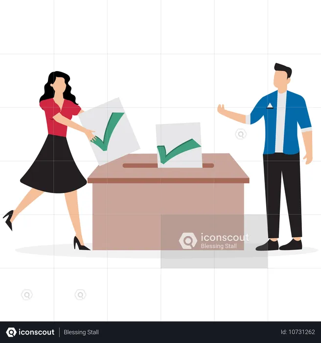 Diverse people hold voting paper checkmark putting in vote box  Illustration