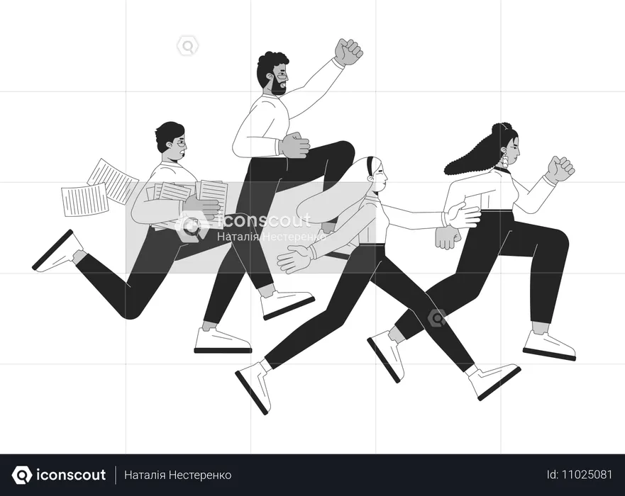 Diverse team running energetically towards goal  Illustration