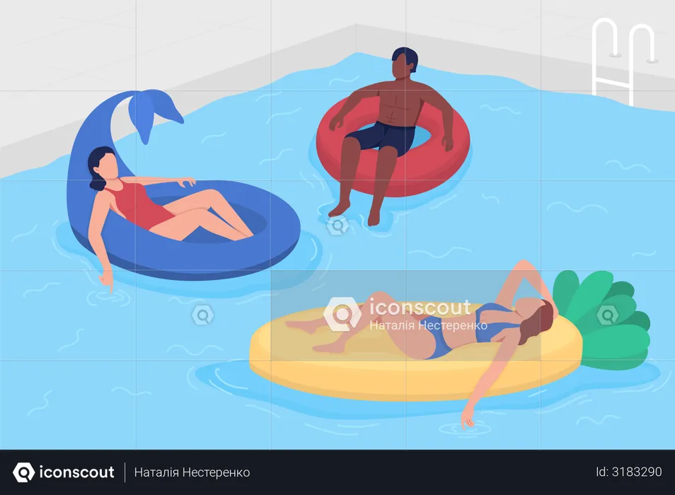 Divertirse con amigos en la piscina.  Ilustración