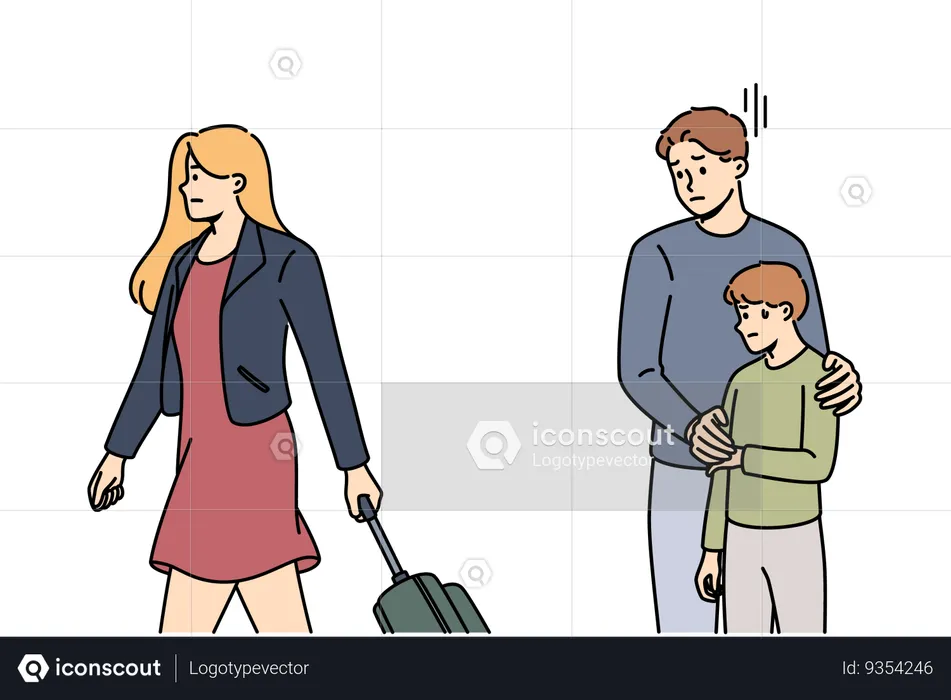 Divorce parents traumatizes child and experiences stress because of mother with suitcase leaving family  Illustration