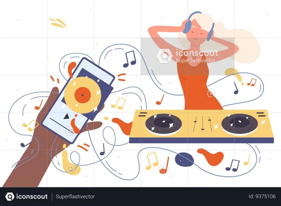 DJ in headphones mixing music at live stream for audience  Illustration