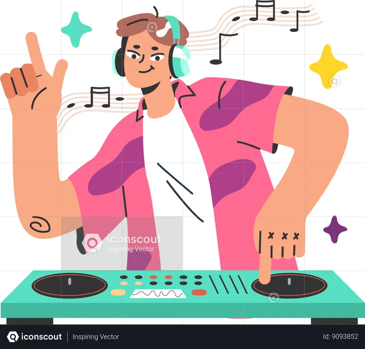 Dj homme jouant une chanson dans une soirée dj  Illustration