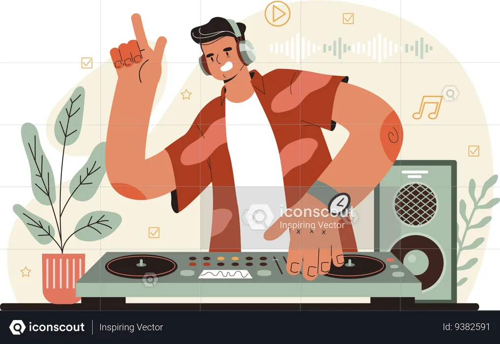 Hombre dj tocando música en dj  Ilustración