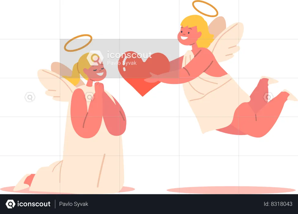 Doce menino angelical com o coração cheio de amor oferece um coração vermelho brilhante ao seu companheiro angelical  Ilustração