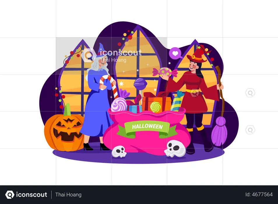 As pessoas coletaram doces de Halloween  Ilustração