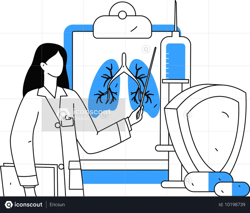 Médico comenta informe de infección pulmonar con paciente  Ilustración