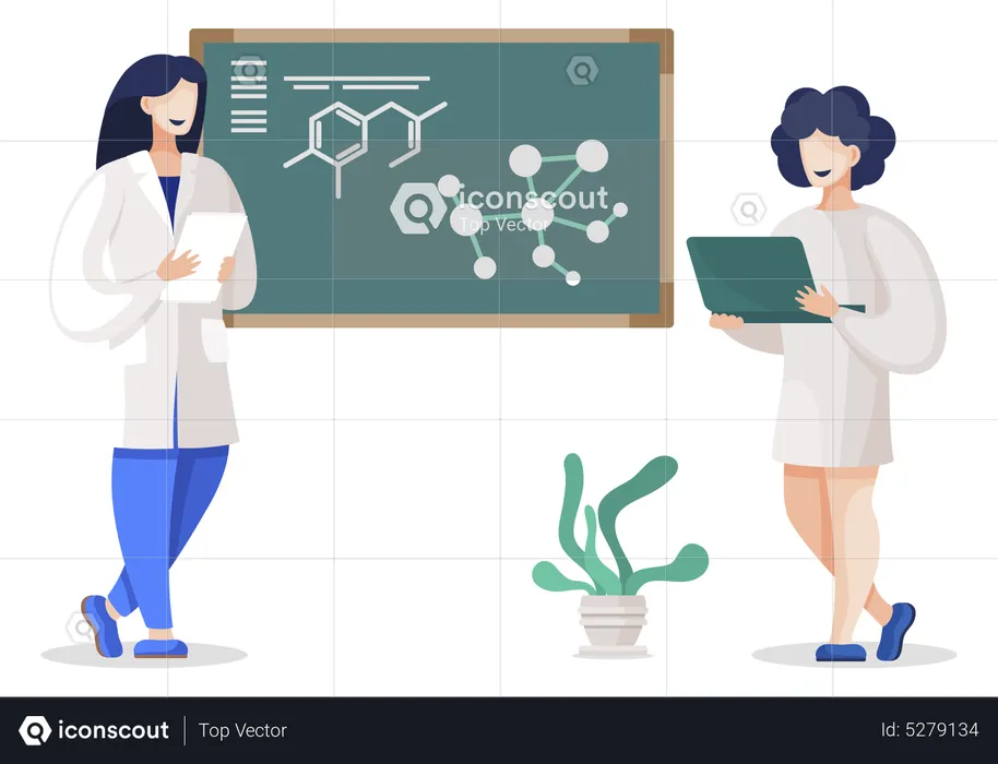 Doctor and intern by blackboard explaining results of experiment  Illustration