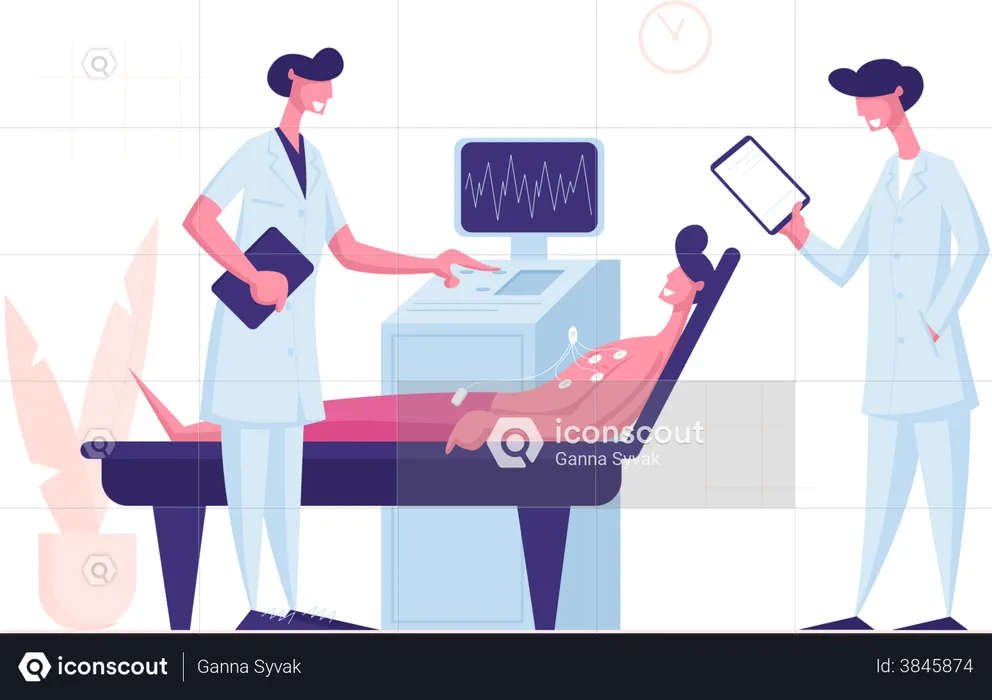 Doctor and Nurse Scanning Male Patient on Ultrasound Machine in Hospital  Illustration
