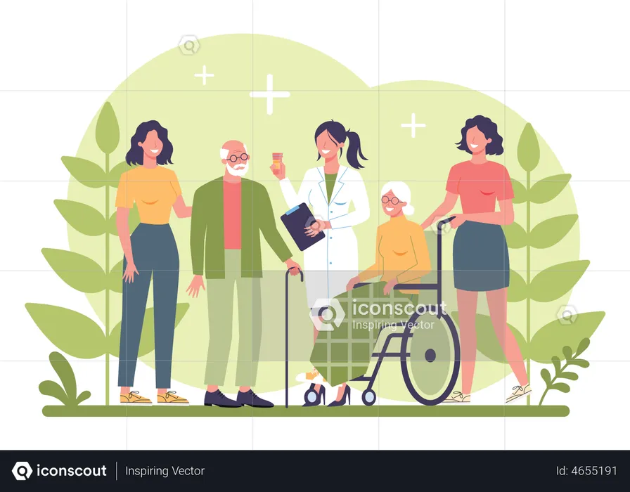 Doctor and nurses with aged patient  Illustration
