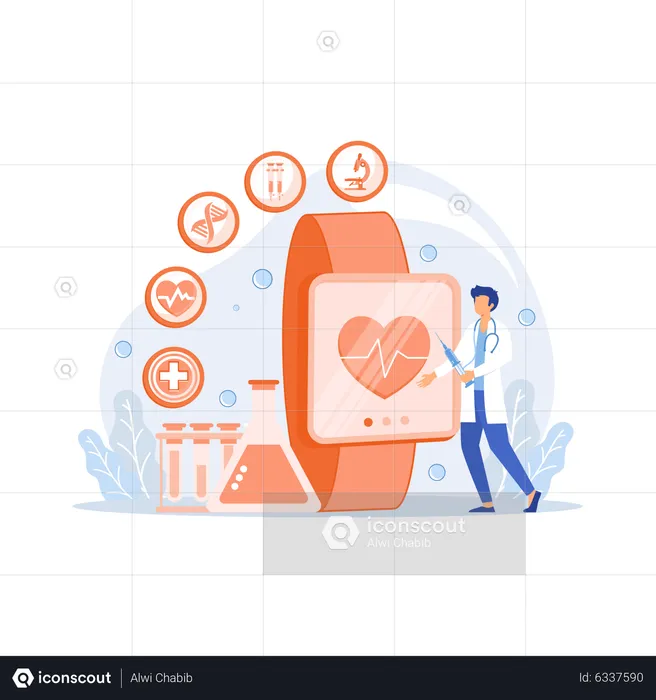 Doctor and smartwatch with heart and medical  Illustration